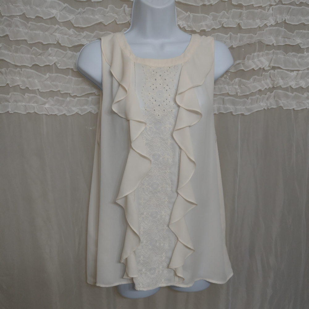 Ann Taylor Sleeveless Cream Ruffle Eyelet Blouse Top
